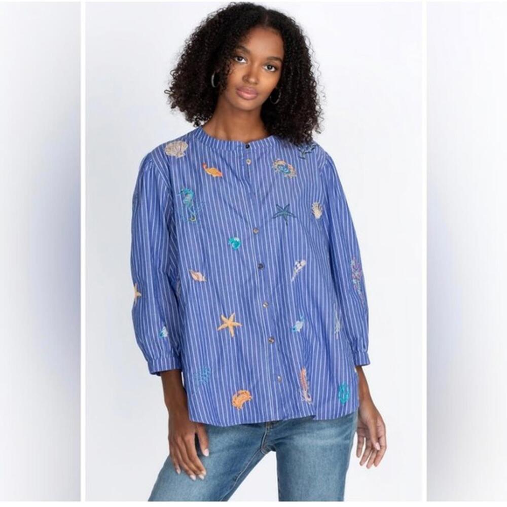 Johnny Was Workshop Women's Striped Sea Life Embroidered Button Shirt - Size XS